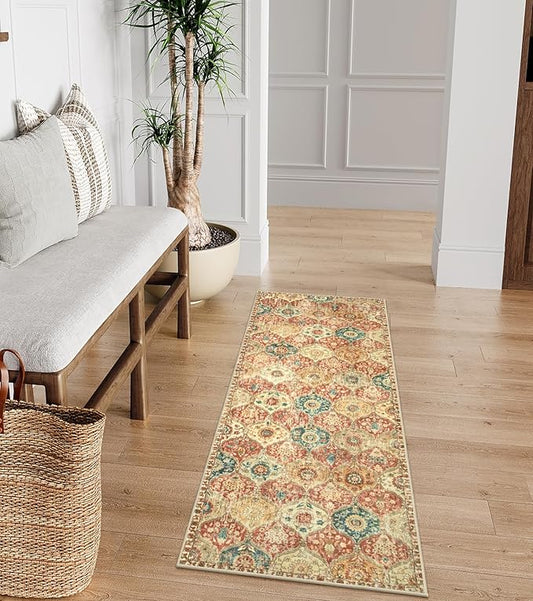 Lahome Moroccan Trellis Hallway Rug, 2x5 Washable Runner Rug Non Slip Kitchen Runners for Hallways, Ultra-Thin Vintage Carpet for Bedroom Bathroom Entryway Elise, Red/Orange
