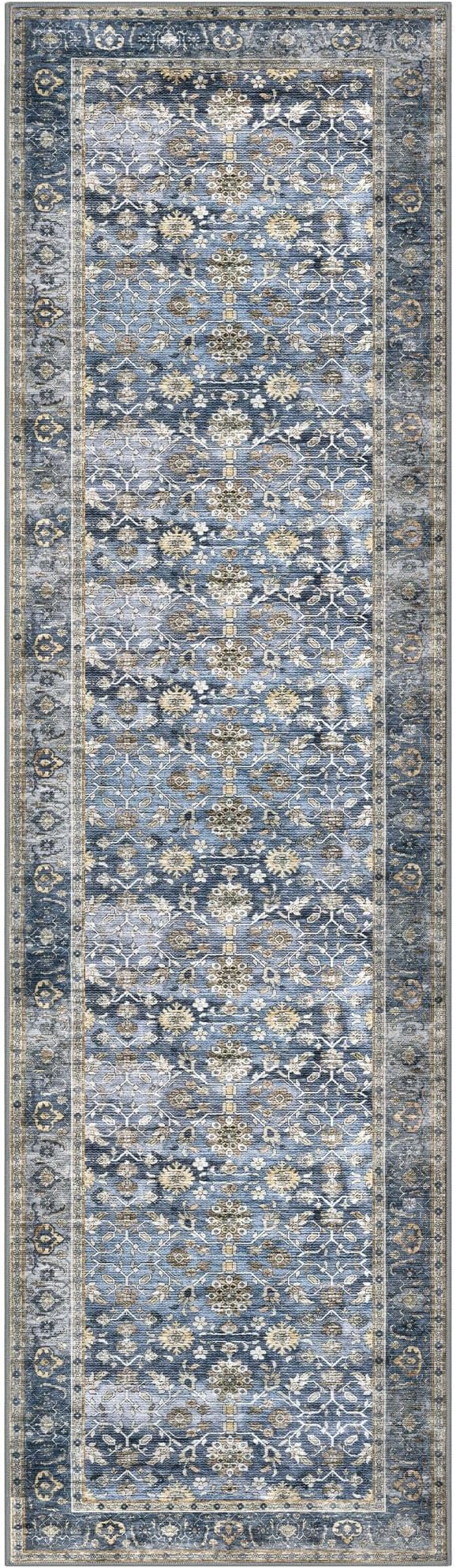 KUTA Vintage Washable Runner Rug, 2x7 Blue Grey Beige Runners for Hallways Non-Slip Kitchen Rugs Ultra Thin Soft Printed Distressed Oriental Floral Floor Carpet for Laundry Bedroom Living Room