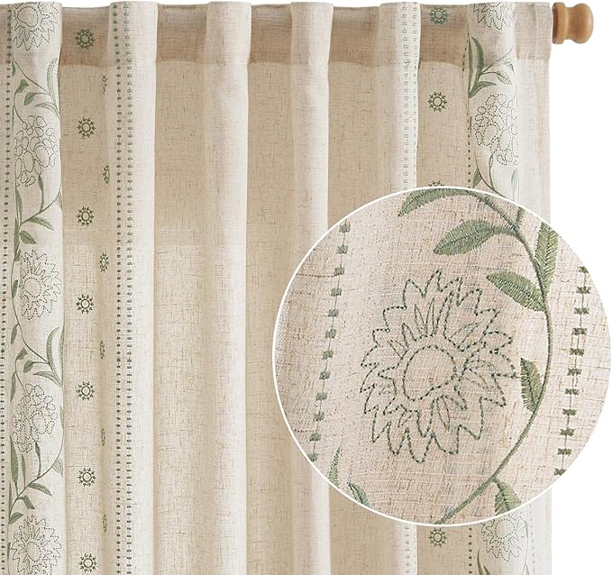 jinchan Winslow Linen Curtains for Bedroom 96 Inches Length Embroidered Bordered Floral Curtains for Living Room Farmhouse Decor Light Filtering Window Treatments Sage on Beige Drapes 2 Panels