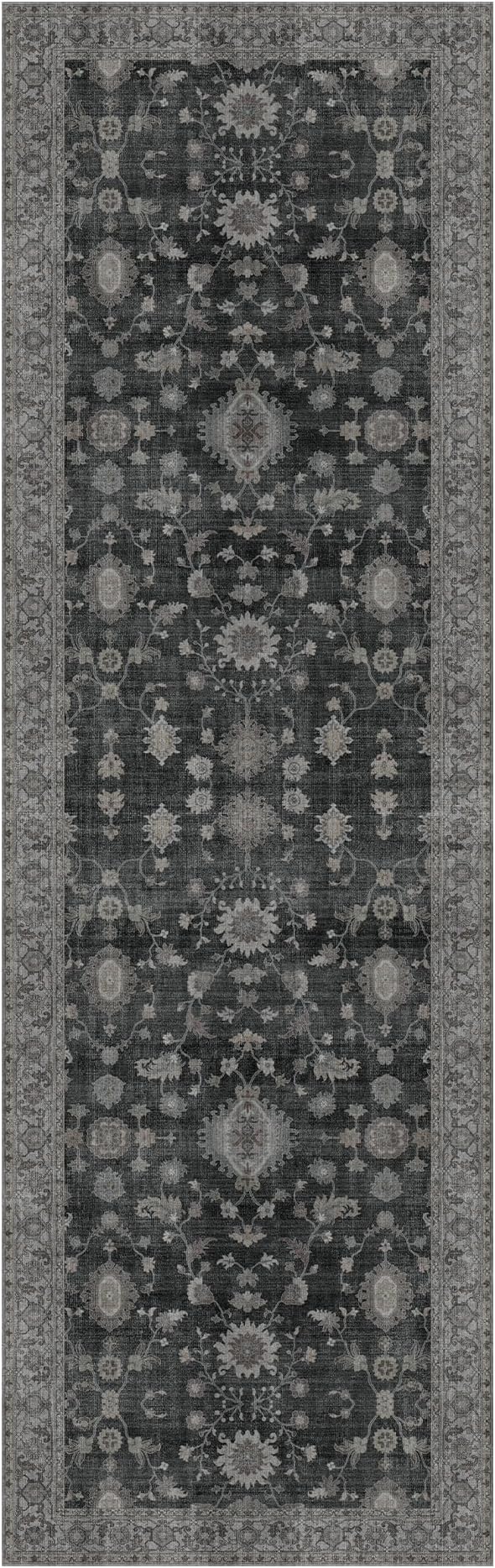 GENIMO Runner Rug for Hallways Machine Washable, 2'6''x8 Non Slip Boho Vintage Lightweight Washable Runners, Thin Floor Rugs for Entryway Hallway Bathroom Laundry Room Corridor, Charcoal