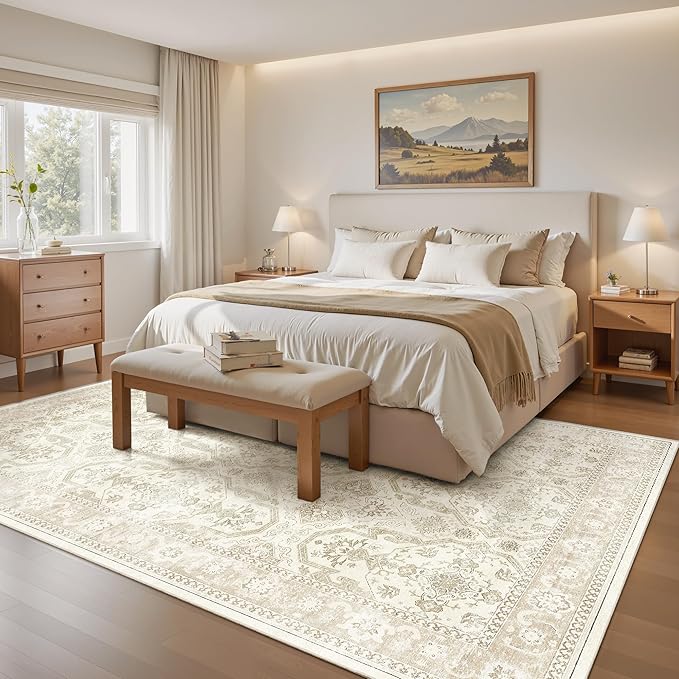 Soalmost Area Rug 6x9, Washable Rugs, Stain Resistant Gray Area Rugs for Living Room Bedroom Dining Room, Vintage Farmhouse Rug Beige
