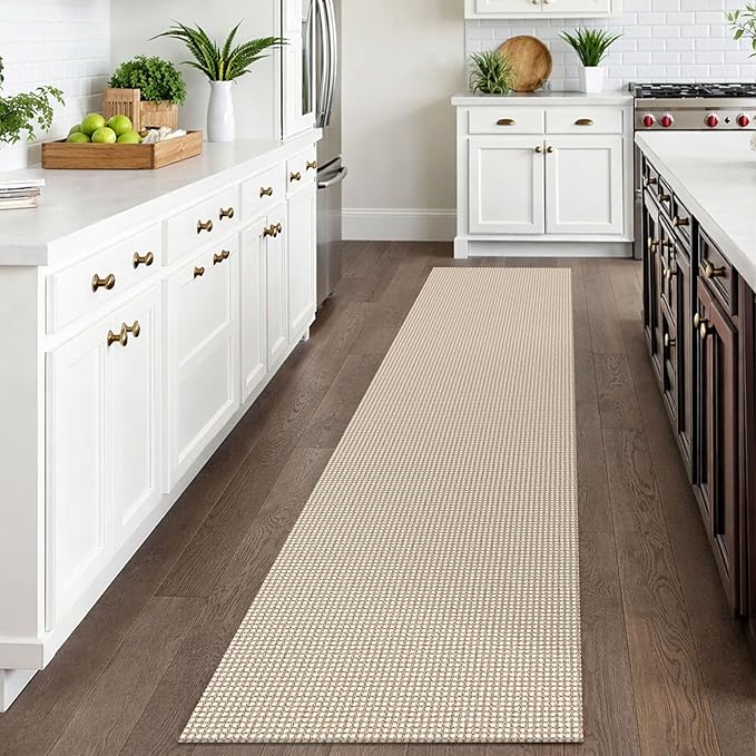 IOHOUZE Washable Runner Rug 2x10 Non Slip Rubber Backed Long Hallway Runner Entryway Runner Indoor, Kitchen Rugs Woven Cotton Floor Carpet for Hall Entrance, Beige/Khaki