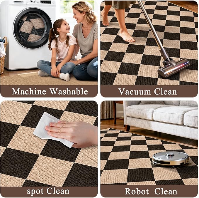 3x10 Runner Rug for Hallways: Washable Non Slip Kitchen Extra Long Jute Runners - Carpet Bathroom Office Laundry Dining Living Room - Durable Floor Mat Boho Farmhouse Decor (Black/Brown,3x10)