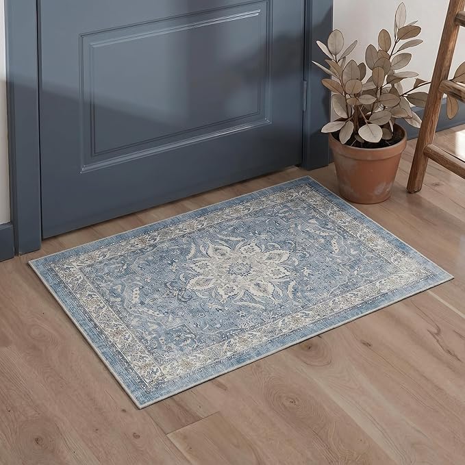 GENIMO Runner Rug for Hallways Machine Washable, 2x8 Non Slip Boho Vintage Lightweight Washable Runners, Thin Floor Rugs for Entryway Hallway Bathroom Laundry Room Corridor, Blue