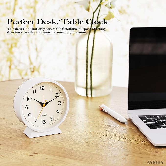 AYRELY?? 4.5" Analog Alarm Clock,Small Retro Desk Clock Battery Operated,Slient Metal Table Clock with Light for Living Room Decor,Bedroom,Bedside,Shelf (White)