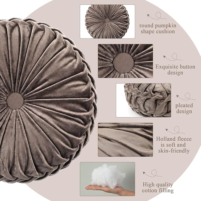 Drydiet 1 Pcs Round Throw Velvet Pillows Decorative Pleated Throw Pillows 15'' Diameter Accent Pumpkin Boho Chair Cushion for Couch Sofa Home Decoration (Taupe)