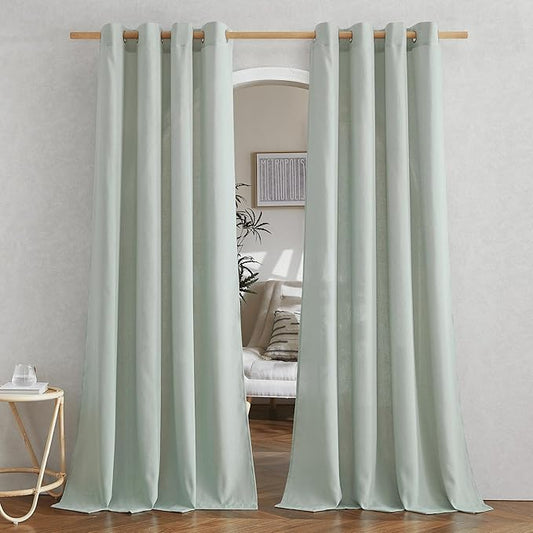 NICETOWN Linen Flax Semi Sheer Curtains 92" Length, Grommet Window Treatments Privacy Added with Light Penetration Vertical Drapes for Loft/Home Office, Sage Green, W55 x L92, 2 Panels
