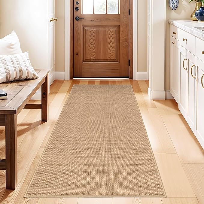 Easy Jute 2x5 Runner Rug: Non Slip Solid Color Low Pile Indoor Doormat - Machine Washable Entryway Kitchen Bathroom - Carpet for Dorms Small Spaces Ideal for Young Families First Home (Beige,2x5)