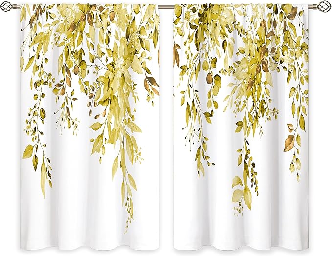 Yellow Eucalyptus Botanical Leaves Floral Kitchen Window Curtains Over Sink Farmhouse Flower Leaf Small Window Treatment Cafe Short Curtains for Bathroom Treatment Tier Drapes 27.5x39 inch