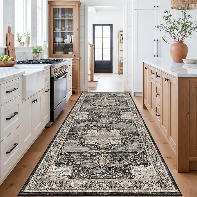 RUUGME 4x8 Hallway Runner Rug - Washable Vintage Soft Runners Stain Resistant Carpet Lightweight Ultra-Thin Rugs for Entryway Kitchen Bedroom with Non Slip Backing Home Decor 4x8 Black