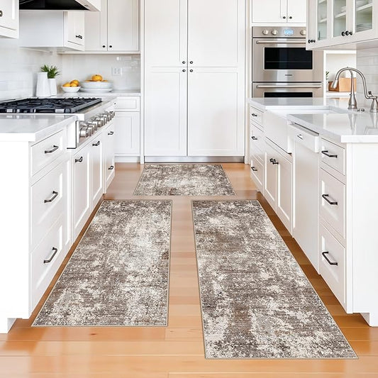 3-Piece Kitchen Rug Set with Runner – Non-Slip Washable Small Kitchen Mats for Floor, Sink & Entryway – Soft Boho Throw Area Rugs for Kitchen Decor (Brown Beige, 2x3+2x4+2x5)