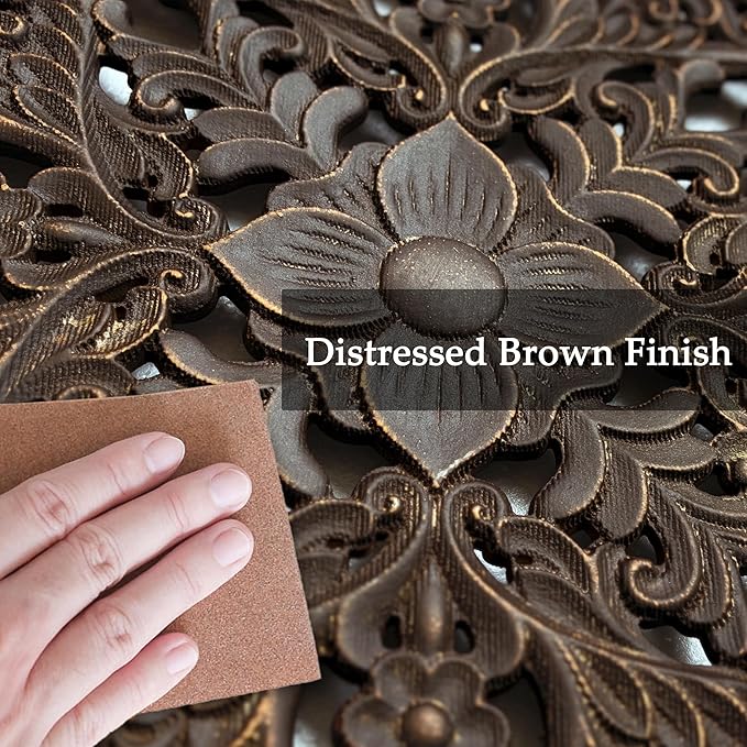 XIAOAIKA Boho Carved Wood Wall Sculpture, Intricate Floral Mandala Design with Distressed Brown Finish, Vintage Farmhouse Wall Art Panel with Solid Wood Frame for Bedroom Entryway (22" x 22")