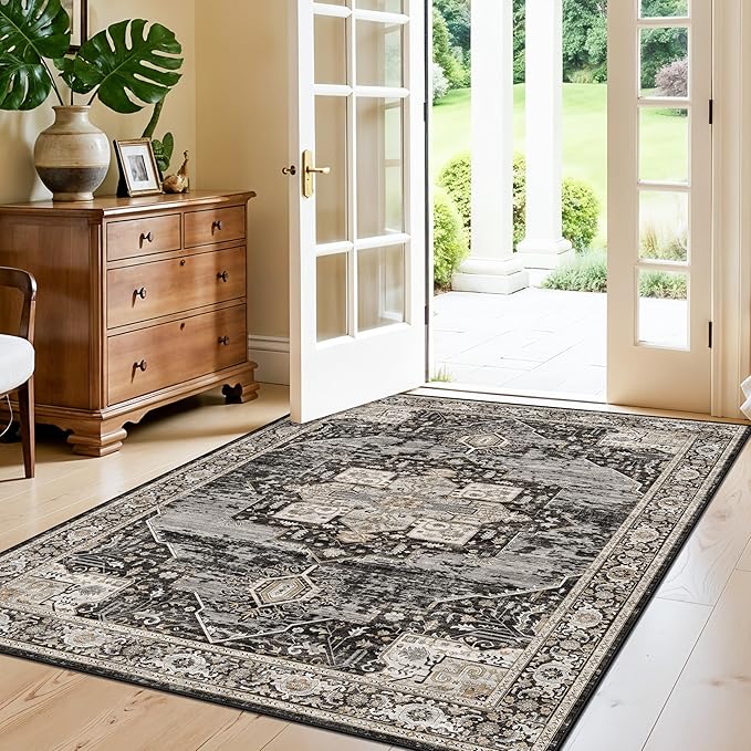 RUUGME Washable Entryway 4x5 Rug- Vintage Area Rug for Living Room Bedroom Kitchen Stain Resistant Carpet Low Pile Ultra-Thin Rugs with Non Slip Backing Home Decor 4X5 Black