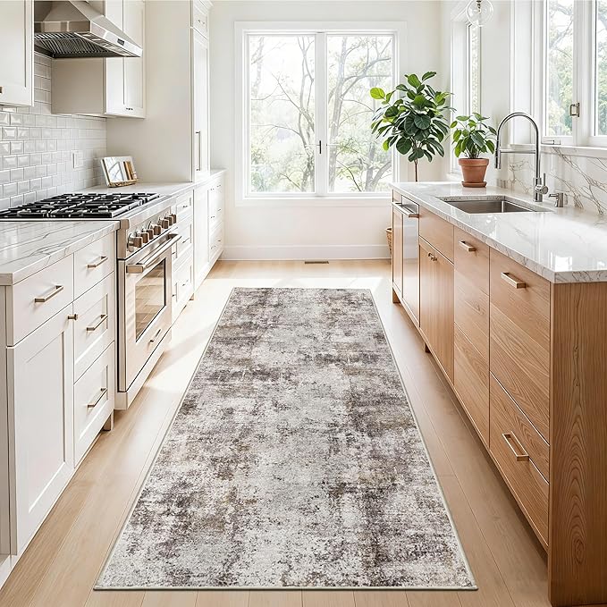 2x5 Washable Runner Rug for Hallway: Non Slip Entryway Runners Rugs Easy-to-Clean - Soft Living Room Bedroom Carpet - Thin Low Pile Floor Mat - Pinkish Beige Brown