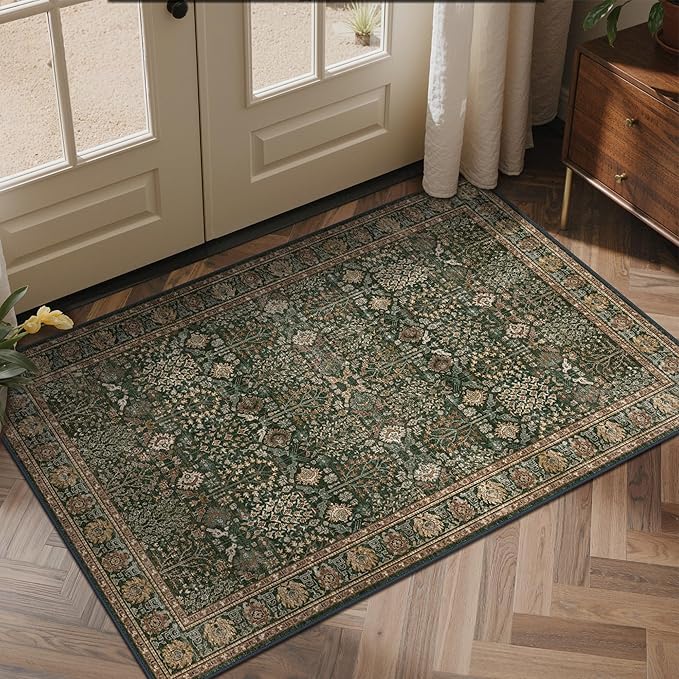 Bavni Washable Rugs 3x5-Machine Washable Rug Lightweight Low Pile, Vintage Floral Rug Non-Shedding Distressed Throw Carpet for Living Room Bedroom Office, Dark Green/Multi