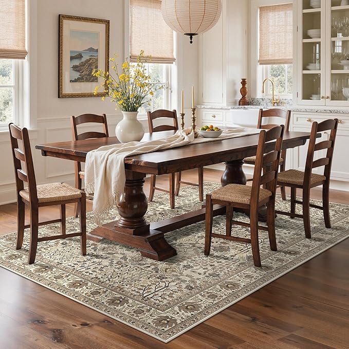 Bavni Washable Rugs 6x9-Machine Washable Rug Lightweight Low Pile, Vintage Floral Rug Non-Shedding Distressed Throw Carpet for Living Room Bedroom Office, Dark Espresso
