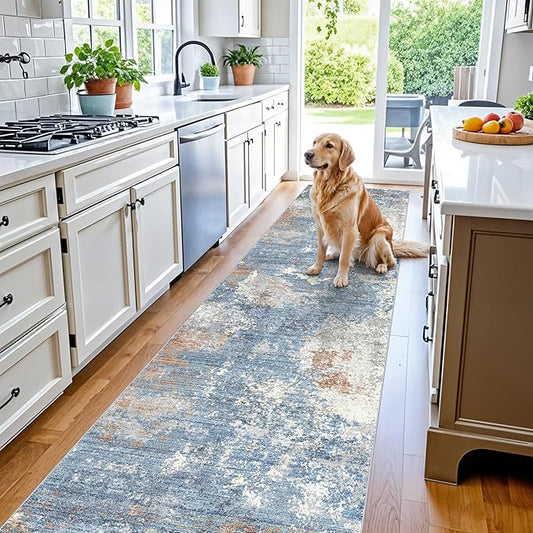 3x20 ft Extra Long Hallway Runner Rug - Non-Slip Washable Floor Runner with Rubber Backing, Modern Low Pile Thin Wide Carpet for Entryway, Kitchen, Living Room (Blue Rust, 3x20)
