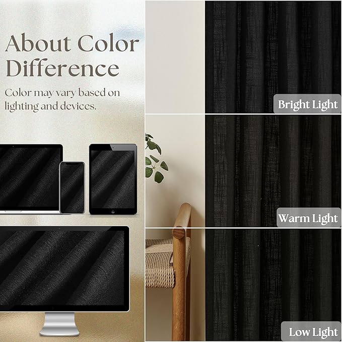 TWODRAPES Black Pinch Pleated Linen Curtains 80 Inches Long for Living Room Bedroom Light Filtering Boho Window Drape 80 Inch 2 Panels with Hooks Rings Back Tab Sliding Glass Door Semi Sheer Curtain