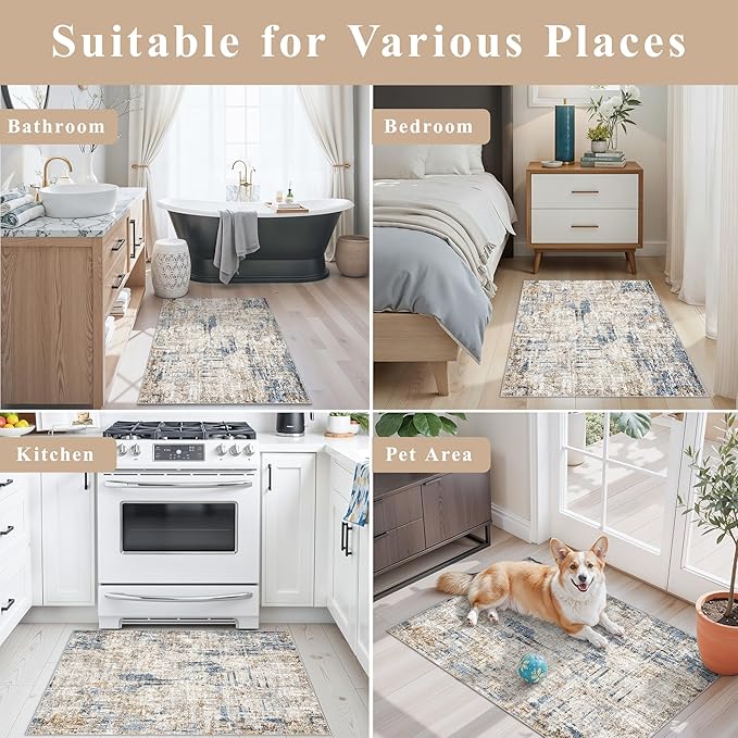 2x3 Washable Non-Slip Area Rug - Soft Low Pile Throw Rug for Kitchen Entryway Bedroom - Modern Indoor Door Mat with Rubber Backing （Blue Brown）