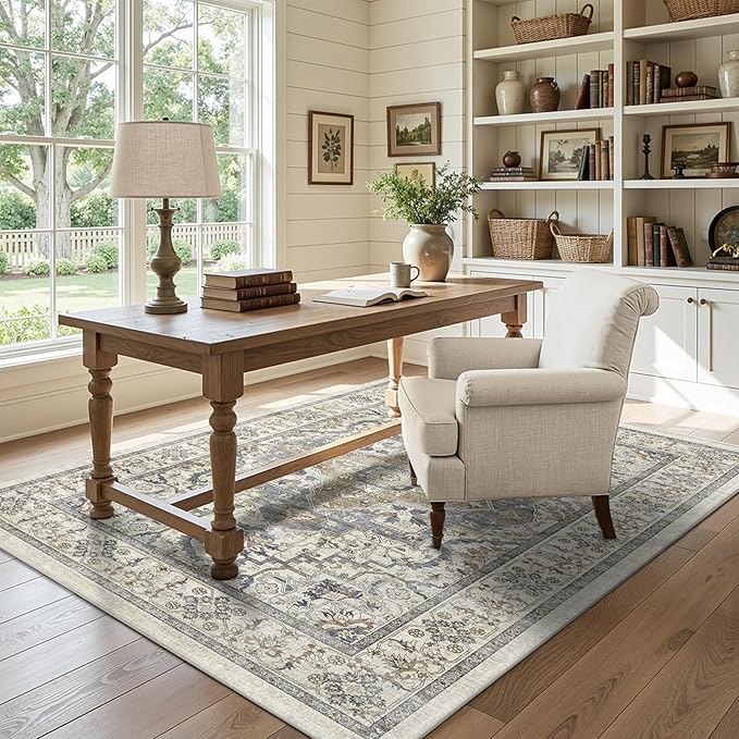 Beige 5x7 Washable Area Rug, Non-Slip Soft Ultra-Thin Polyester Carpet with Vintage Stain Resistant Indoor Rug for Living Room, Bedroom, Dining Room, Nursery Oeko-TEX - Beige/Blue