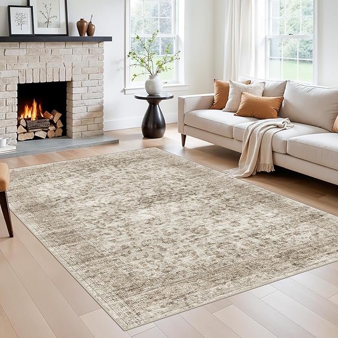 5X7 Area Rugs for Living Room, Washable Non Slip Vintage Rugs, Low Pile Soft rug for Dorm/Classroom/College Room Easy Clean & Stain Resistant Home Daily Use for College Students 5x7 Beige Brown