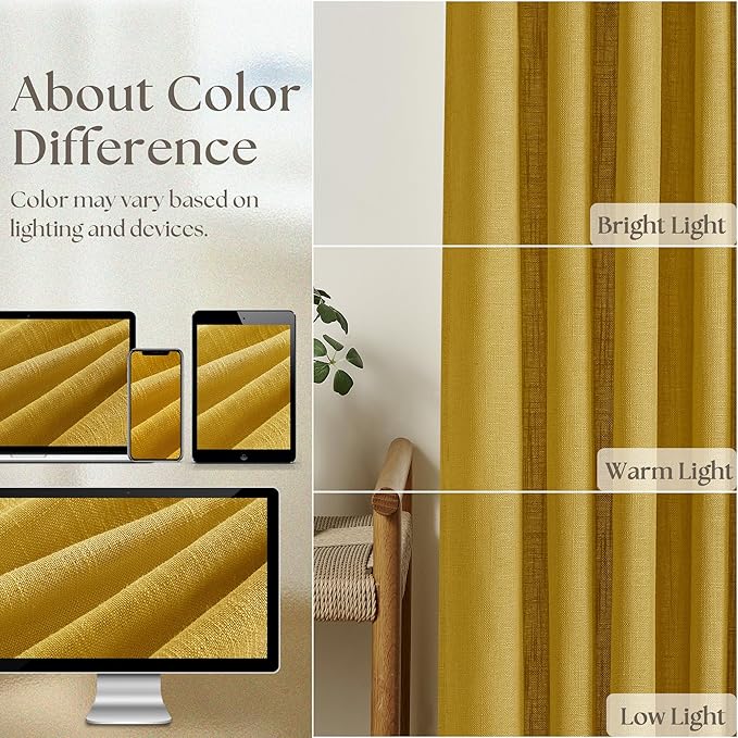80 Inch Pinch Pleated Linen Curtains 2 Panels for Living Room Bedroom Boho Farmhouse Mustard Yellow Semi Sheer Back Tab Pinch Pleat Hooks Rings Window Curtain Harvest Gold Yellow Spring Decor