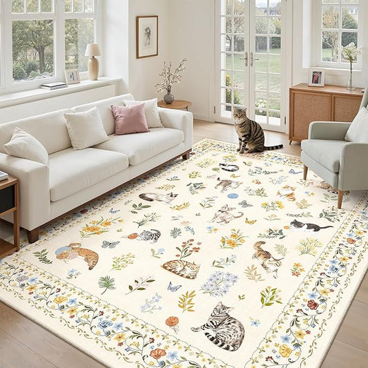 Soalmost Cat 5x7 Area Rugs for Living Room, Machine Washable Animal Floral Vintage Rug Non-Slip Low Pile Soft Throw Rugs for Kitchen Dining Room Bedroom Nursery Playroom (5 x 7,Beige)