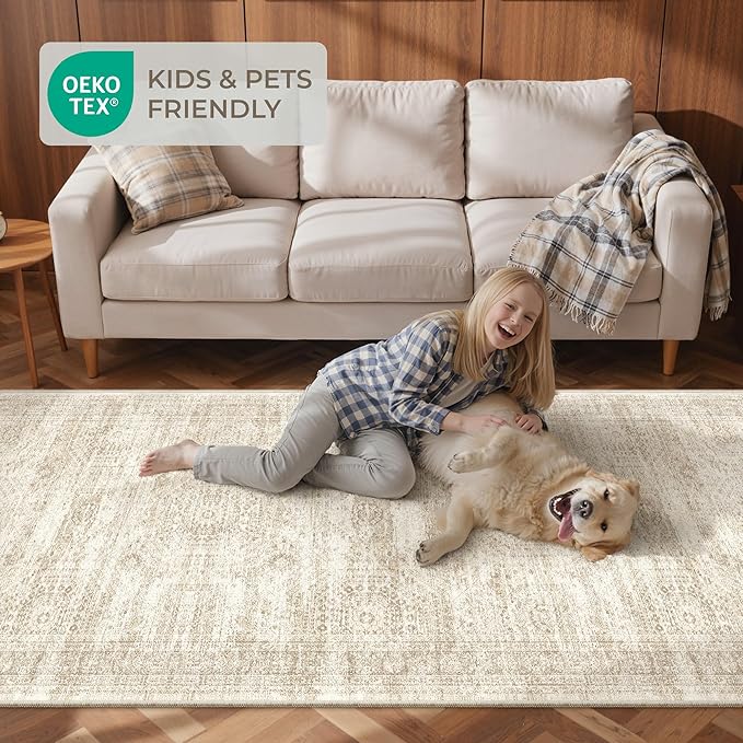 3x16 Washable Runner Rug for Hallway, Non-Slip Long Hallway Runner for Entryway, Soft Vintage Kitchen Mats for Floor, Abstract Dining Room, Bedroom, Living Room Rugs(3'x16', Beige/Ivory)