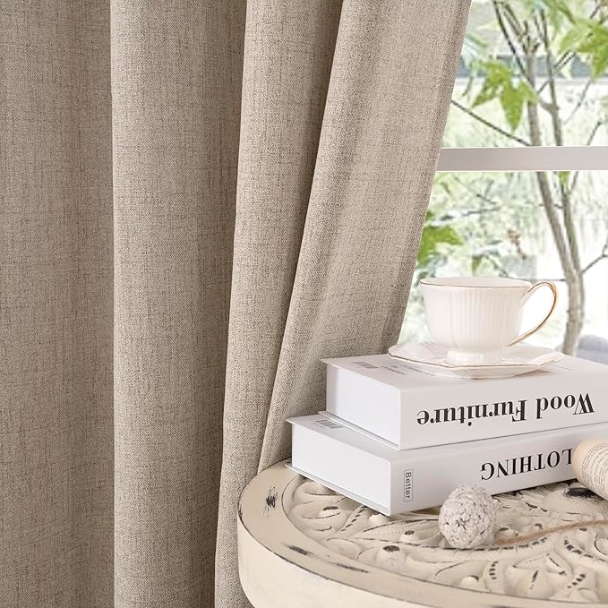 YoungsTex 90 Inches Long Linen Semi Sheer Curtains for Living Room, Oatmeal Light Filtering Drapes with Bronze Grommet Rustic Floor Length for Bedroom Dining Room, 2 Panels, 52 X 90 Inch
