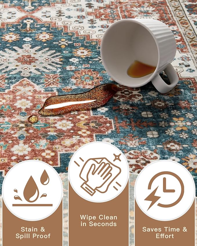 Madane Washable Rug 8x10 Area Rugs for Living Room, Ultra-Thin Non-Slip Backing Rug, Stain Resistant Vintage Large Area Rug for Bedroom (Navy Blue, 8'x10')