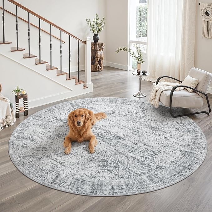 Soalmost 8x8 Grey Round Rug 8ft Living Room Circle Rug Vintage Round Area Rug Non Slip Indoor Carpet for Apartment