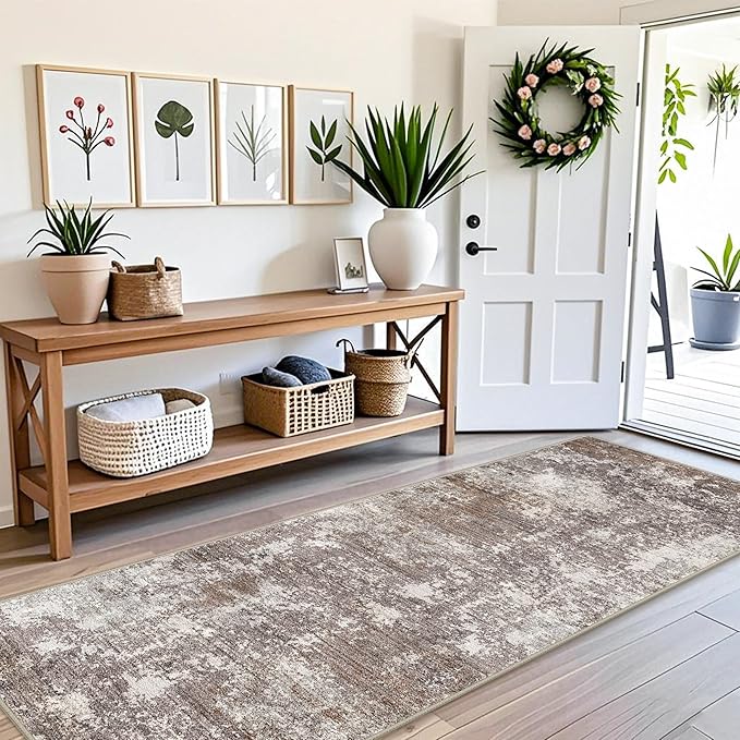 3x8 Non-Slip Washable Hallway Runner Rug – Abstract Modern Neutral Wide Carpet Runner for Kitchen, Entryway, Bedroom, Living Room with Rubber Backing – Low-Pile Thin Soft Throw Rug (Brown Beige,3x8)
