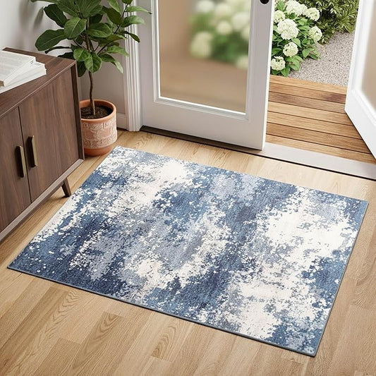 Entryway Rug 2x3 Blue Door Mat Indoor Entrance 24x36, Washable Small Throw Rugs for Kitchen Floor, Entry, Front Door, Bedroom Bedside, Non-Slip Low Pile Stain & Fade Resistant, Abstract Navy