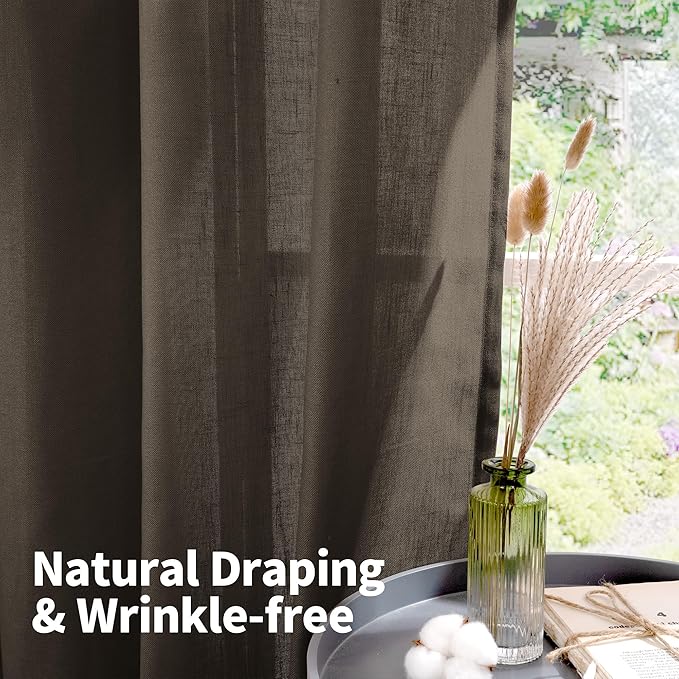 YoungsTex Brown Linen Semi Sheer Curtains 72 Inch Length for Living Room, Chocolate Light Filtering Drapes Privacy with Grommet for Dining Room Bedroom, 2 Panels, 52 X 72 Inch