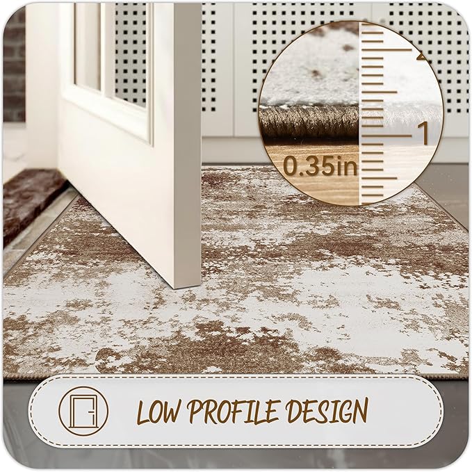 Entryway Rug 3x5 Brown Door Mat Indoor Entrance 36x60, Washable Small Throw Rugs for Kitchen Floor, Entry, Front Door, Bedroom Bedside, Non-Slip Low Pile Stain & Fade Resistant, Abstract Coffee