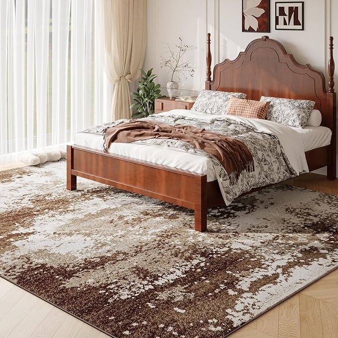 Brown Washable Rug 6x9 Area Rugs for Living Room Bedroom Carpet, Indoor Vintage Abstract Boho Large Rug Non Slip Faux Wool Rugs for Dorm, Dining Room Table, Nursery, Kids Playroom, Coffee