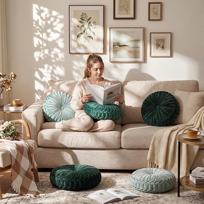 Drydiet 4 Pcs Round Throw Velvet Pillows Decorative Pleated Throw Pillows 15'' Diameter Accent Pumpkin Boho Chair Cushion for Couch Sofa Home Decoration (Sage Green)