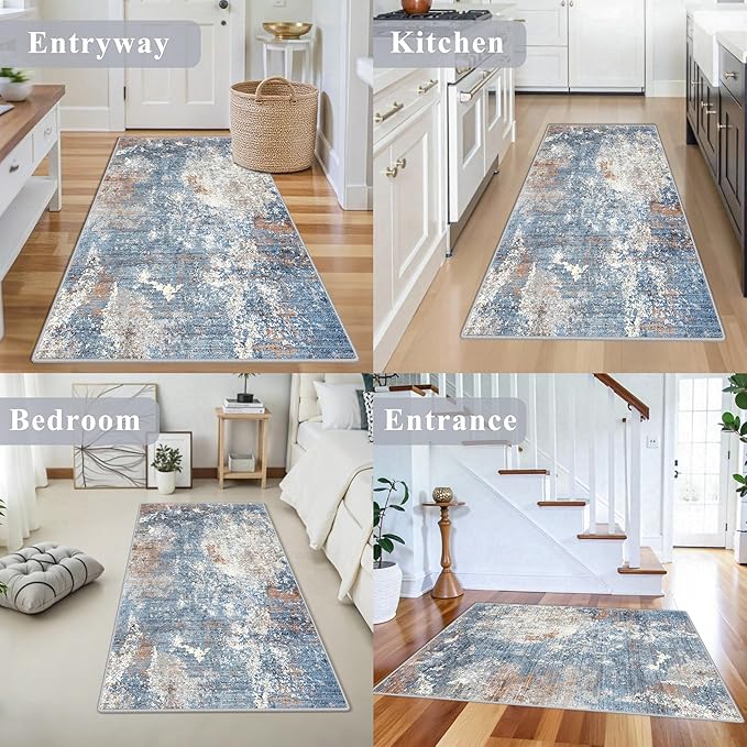 3x5 Washable Kitchen Rug – Non-Slip Rubber Backed Small Area Rug for Entryway, Bedroom, Living Room, Office – Soft Low-Pile Thin Modern Abstract Neutral Door Mat （Blue Rust,3x5）