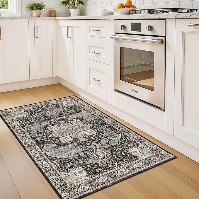 RUUGME Black Washable Entry Rug : 3x4 Rugs for Entryway Kitchen Bathroom Indoor - Soft Stain Resistant Carpets Distressed Floor Decor Mat 3x4 Black