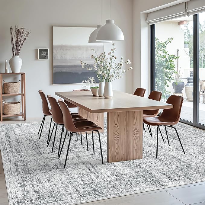 Soalmost Washable Area Rug 8x12, Large Soft Rugs for Living Room Vintage Grey Carpet 8x12 Area Rugs for Bedroom Dining Room Non-Slip Stain Resistant Under Table Rug