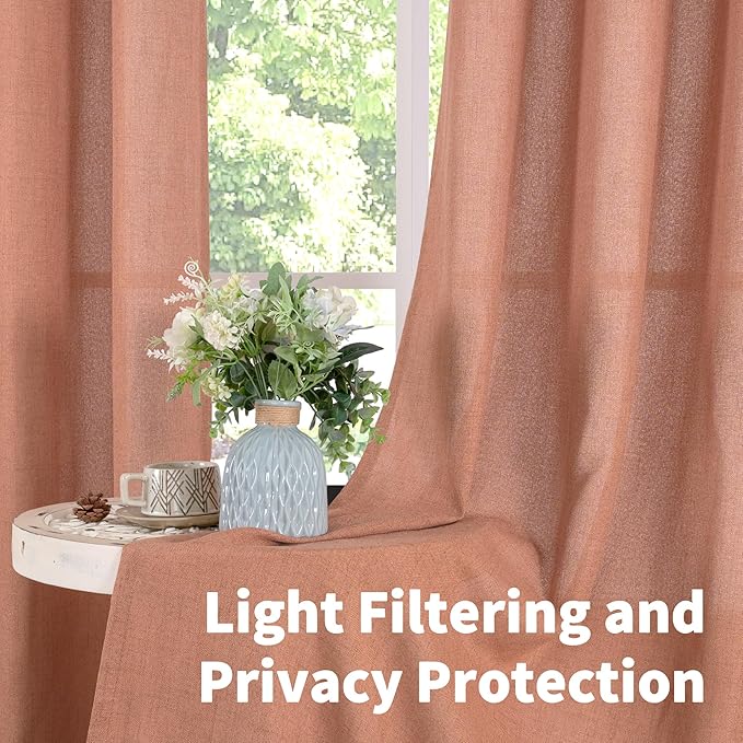 YoungsTex Terracotta Linen Curtains 48 Inch Length for Living Room Window, Light Filtering Drapes Semi Sheer with Bronze Grommet Privacy for Kitchen Bedroom Farmhouse, 42 x 48 Inch, 2 Panels