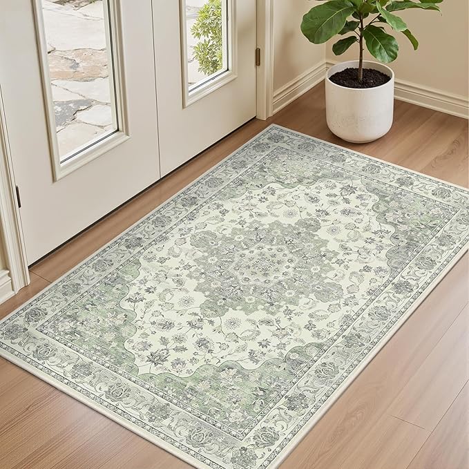 Washable Entryway Runner Rug - 2x3 Kitchen Rug Distressed Low Pile Mats Non Slip Soft Rugs for Dining Room with Rubber Backing Bedroom Runner with Vintage Design (Green 2x3)
