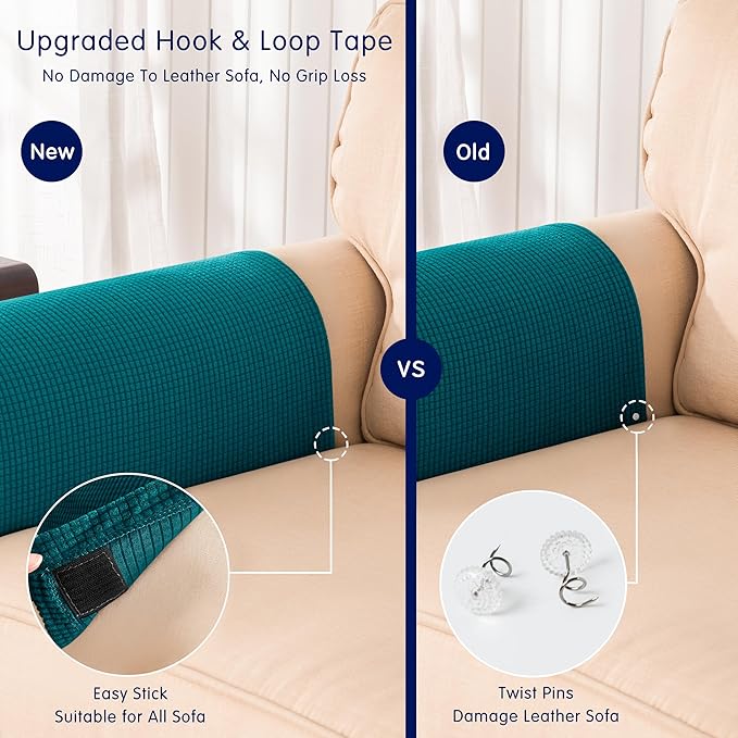 SUBRTEX Stretch Couch Arm Covers Set of 2, Checkered Sofa Arm Slipcovers, Anti-Slip Armrest Covers for Recliner and Armchairs, Pet Proof, High Stretchy, Hook & Loop Tape, Blue