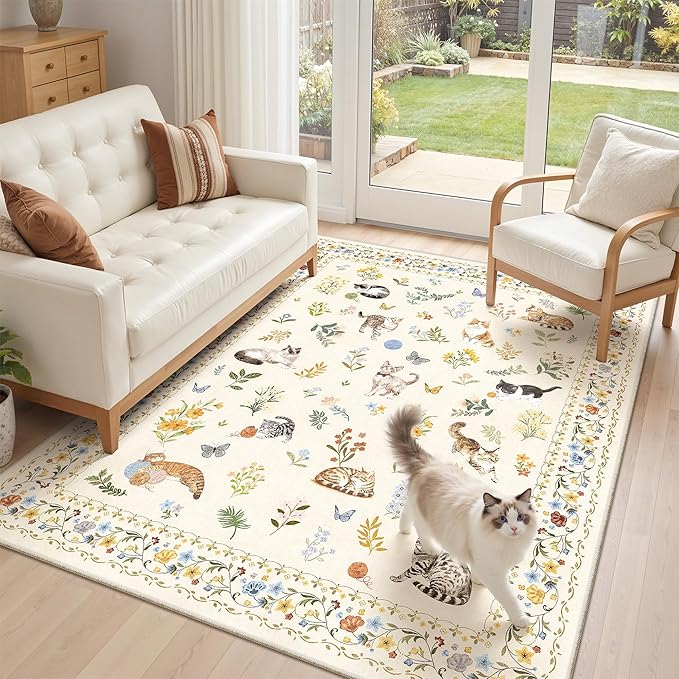 Soalmost Cat 4x6 Area Rugs, Machine Washable Animal Floral Accent Rug Non-Slip Low Pile Soft Throw Rugs for Entryway Kitchen Bedside Living Room Bedroom Nursery Playroom (4 x 6,Beige)
