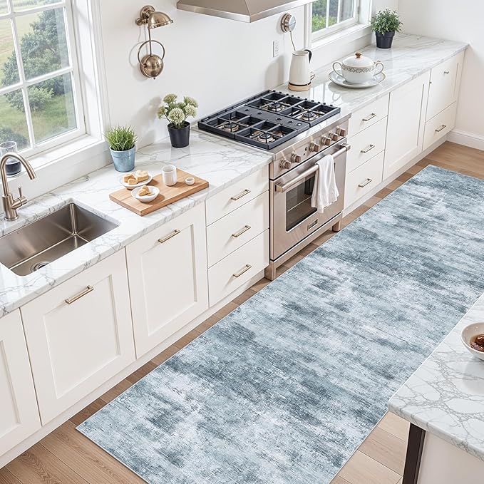 3x10 Ft Long Wide Hallway Runner Rug – Non-Slip Washable Wide Kitchen Runner, Low-Pile Thin Modern Abstract Floor Rug for Indoor Entryway, Bedroom, Living Room (Blue Grey)