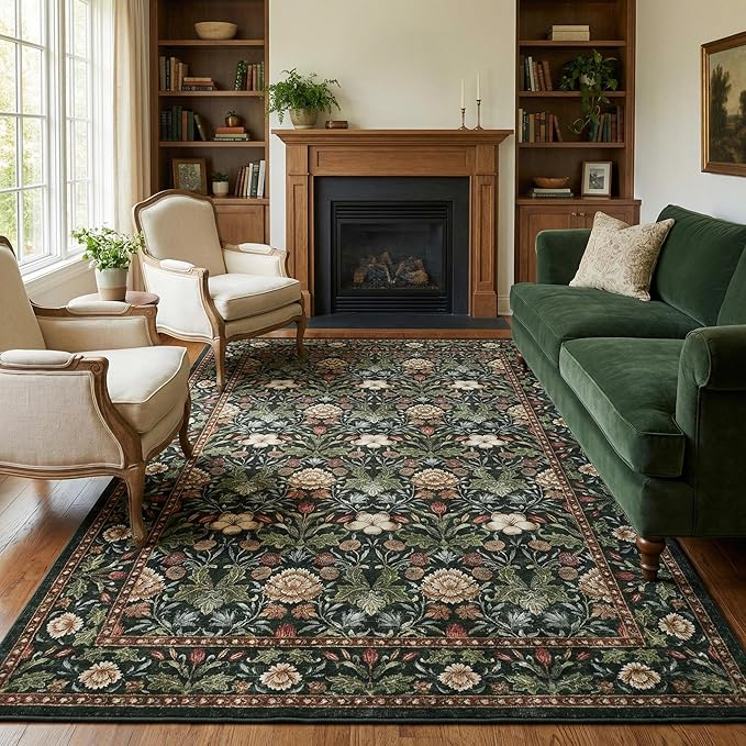 GarveeHome Green Washable Area Rug 5x7, Retro Floral Low Pile Non Slip Living Room Rug Soft Cottage Core Rug Farmhouse Indoor Carpet for Bedroom Dining Room Playroom