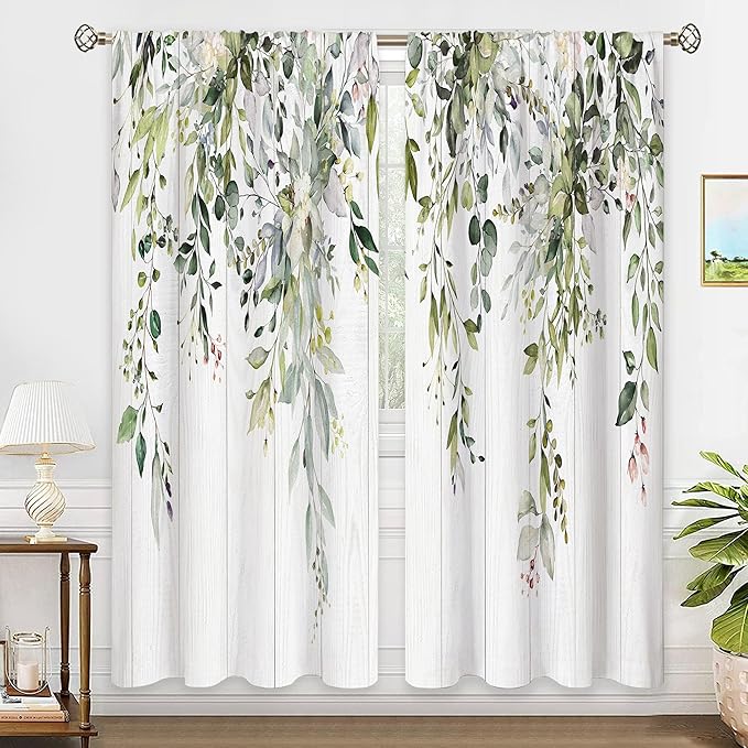 Sage Green Eucalyptus Wooden Botanical Leaves Floral Window Curtains Flower Plant Wildflower Farmhouse Boho Curtain Drapes Herb Curtains for Bedroom Living Room Treatment 52Wx84H Inch
