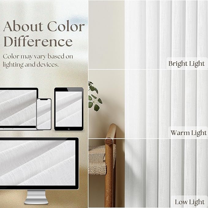 Snow White Pinch Pleated Linen Curtains 2 Panels 63 Inch Length for Dining Living Room Memory Training Shaped Semi Sheer Short Pleat Drapes with Hooks Rings Small Bedroom Window Curtain 40x63