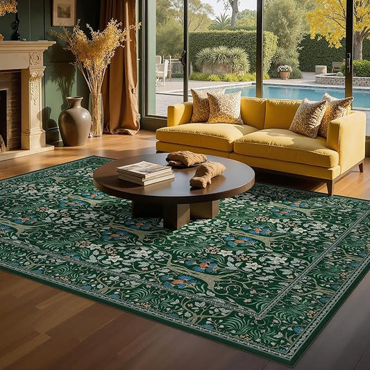 Joydeco Floral Washable 6x9 Area Rugs, Soft Vintage Rug for Bedroom Living Room Ultra-Thin Non Slip, Boho Stain Resistant Indoor Floor Throw Carpet for Home Office, Dark Green