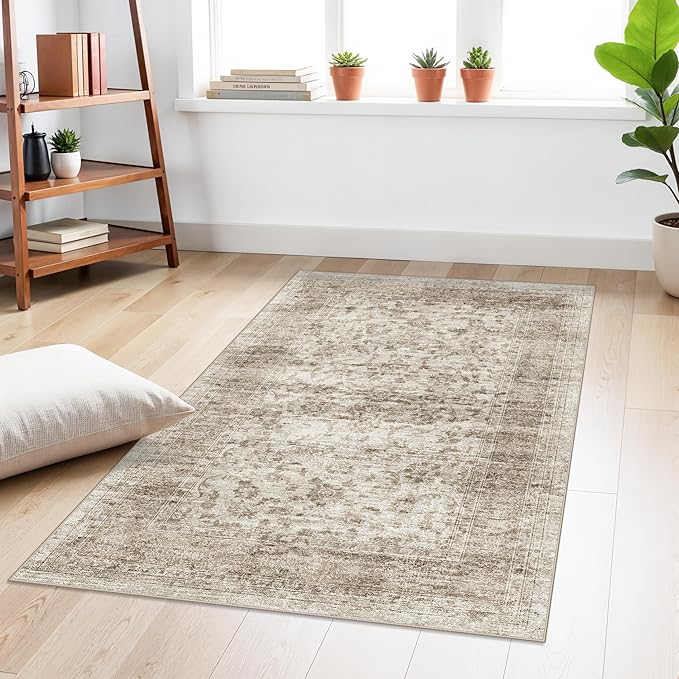 Small Area Rugs 3x5 Entryway - Washable Perfect for Living Room, Bedroom, Kids Room, Nursery - Non-Slip Soft Stain Resistant - Low Pile Vintage Oriental Home Decor 3x5 Beige Brown